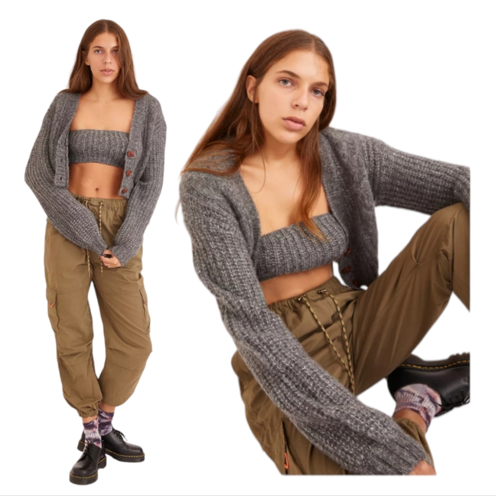 URBAN OUTFITTERS Heathered Gray Alpaca Blend Cable Knit Cropped Cardigan size M